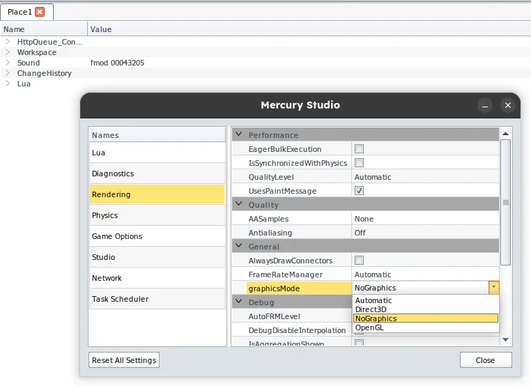 Changing graphicsMode option to NoGraphics, with Mercury Studio running on Linux